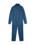 Denim Button Front Long Sleeve Jumpsuit