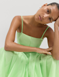 Square Neck Panel Detail Strappy Midi Skater Dress