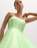 Square Neck Panel Detail Strappy Midi Skater Dress