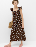 Pure Cotton Polka Dot Midi Shirred Dress