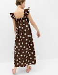 Pure Cotton Polka Dot Midi Shirred Dress