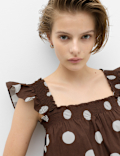 Pure Cotton Polka Dot Midi Shirred Dress