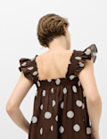 Pure Cotton Polka Dot Midi Shirred Dress