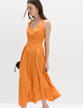 Scoop Neck Pleated Midi Drop Waist Dress