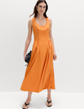 Scoop Neck Pleated Midi Drop Waist Dress