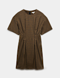 Checked Crew Neck Mini Waisted Dress