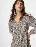 Textured Printed V-Neck Midi Tea Dress