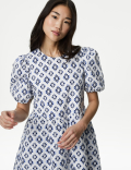 Cotton Rich Printed Puff Sleeve Waisted Dress