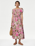 Pure Cotton Floral Midi Waisted Dress