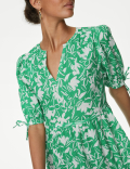 Pure Cotton Floral Pintuck Knee Length Tiered Dress