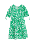 Pure Cotton Floral Pintuck Knee Length Tiered Dress