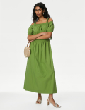 Pure Cotton Puff Sleeve Midi Waisted Dress