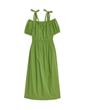 Pure Cotton Puff Sleeve Midi Waisted Dress