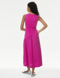 Cotton Blend Textured Midi Drop Waist Dress