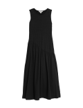 Cotton Blend Textured Midi Drop Waist Dress