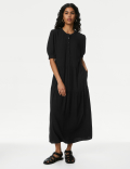 Round Neck Button Front Midi Tiered Dress