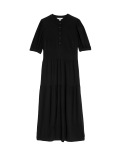 Round Neck Button Front Midi Tiered Dress