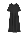 Jersey Round Neck Midi Waisted Dress