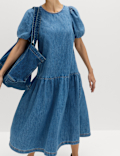 Denim Puff Sleeve Midi Drop Waist Dress