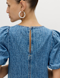 Denim Puff Sleeve Midi Drop Waist Dress