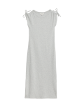 Cotton Rich Round Neck Ruched Midi Column Dress