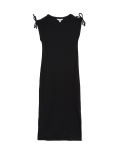 Cotton Rich Round Neck Ruched Midi Column Dress