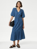 Denim V-Neck Tie Detail Midi Tiered Dress