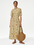 Pure Cotton Floral Midi Waisted Dress