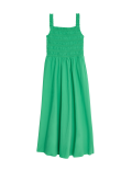 Pure Cotton Square Neck Midi Shirred Dress