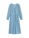 Denim V-Neck Puff Sleeve Midi Column Dress