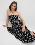 Lyocell Rich Polka Dot Sweetheart Neckline Maxi Waisted Dress