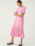 Jersey Printed Round Neck Midi Tiered Dress
