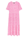 Jersey Printed Round Neck Midi Tiered Dress