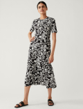 Jersey Printed Round Neck Midi Tiered Dress