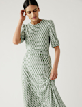 Jersey Printed Belted Midi Tea Dress