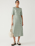Jersey Printed Belted Midi Tea Dress