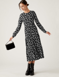 Jersey Floral Round Neck Midi Tiered Dress