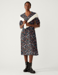 Printed V-Neck Tie Detail Midi Tea Dress
