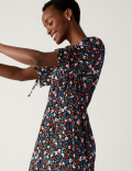 Printed V-Neck Tie Detail Midi Tea Dress