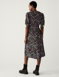 Printed V-Neck Tie Detail Midi Tea Dress
