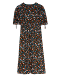 Printed V-Neck Tie Detail Midi Tea Dress