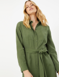 Collared Neck Belted Long Sleeve Jumpsuit