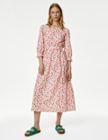 Pure Cotton Floral Midi Waisted Dress