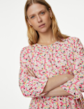 Pure Cotton Floral Midi Waisted Dress