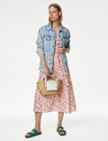 Pure Cotton Floral Midi Waisted Dress