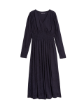 Satin Jacquard V-Neck Midi Tea Dress