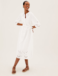 Pure Cotton Embroidered V-Neck Midi Dress