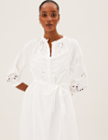 Pure Cotton Embroidered V-Neck Midi Dress