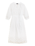 Pure Cotton Embroidered V-Neck Midi Dress