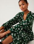 Floral Tie Neck Belted Midi Tiered Dress